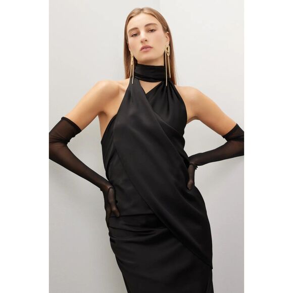 Arias New York Asymmetrical Draped Satin Crepe Halter Maxi Dress in Black Sz 12 - Picture 5 of 14